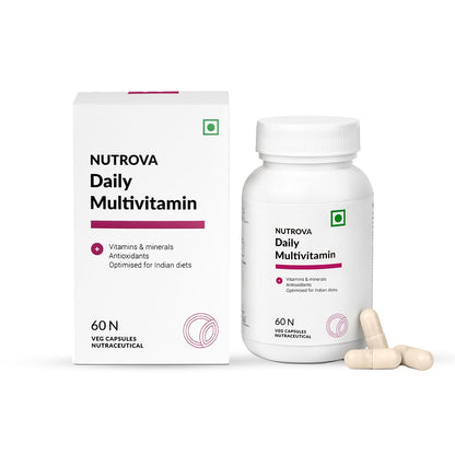 NUTROVA Daily Multivitamin Supplement Optimised for Non-Vegan Indian Diets for Men & Women (60 capsu, Zinc Citrate, Vitamin D3, Vitamin B3 & Vitamin A