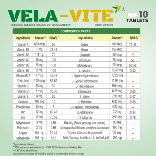 VELAVITE Multivitamin and Mineral Supplement with Amino Acids and Botanical Extracts (38 Essential Nutrients) for an Overall Good Health-10 Tablets