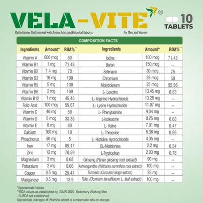 VELAVITE Multivitamin and Mineral Supplement with Amino Acids and Botanical Extracts (38 Essential Nutrients) for an Overall Good Health-10 Tablets