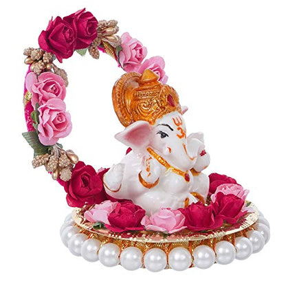 eCraftIndia Lord Ganesha Idol on Decorative Handcrafted Plate with Throne of Pink and Red Flowers