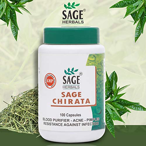 Sage Herbals Chirata for Blood Purification and Helps to Remove Pimples and Acne, 100 Capsules