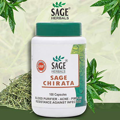 Sage Herbals Chirata for Blood Purification and Helps to Remove Pimples and Acne, 100 Capsules