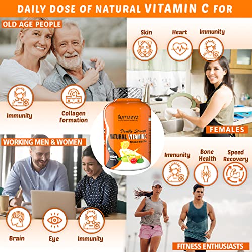 Naturyz Double Strength Natural Vitamin C & Zinc Supplement 1250 mg with Amla, Acerola Cherry, Citrummunity Support & Skincare (60 Vegetarian tablets)