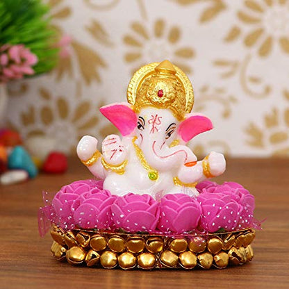 eCraftIndia Lord Ganesha Idol on Decorative Handcrafted Plate with Pink Flowers