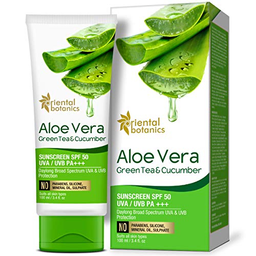 Oriental Botanics Aloe Vera, Green Tea & Cucumber Cream Sunscreen SPF 50, 100 ml | Infused with Aloeects Skin | No Parabens & Sulphates | Cruelty Free