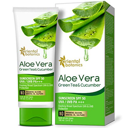 Oriental Botanics Aloe Vera, Green Tea & Cucumber Cream Sunscreen SPF 50, 100 ml | Infused with Aloeects Skin | No Parabens & Sulphates | Cruelty Free