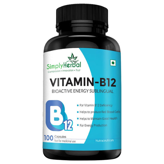 Simply Herbal Vitamin B12 Cyanocobalamin, Produce Red Blood Cells, Maintain Good Health, Boost Energart Health, Plant Based Supplements - 100 Capsules