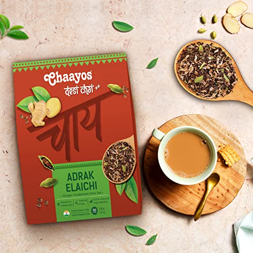 Chaayos Adrak Elaichi Tea (Ginger and Cardamom) - Premium Desi Chai Patti for Authentic Masala Flavour | Immunity Booster- 100g [50 Cups]