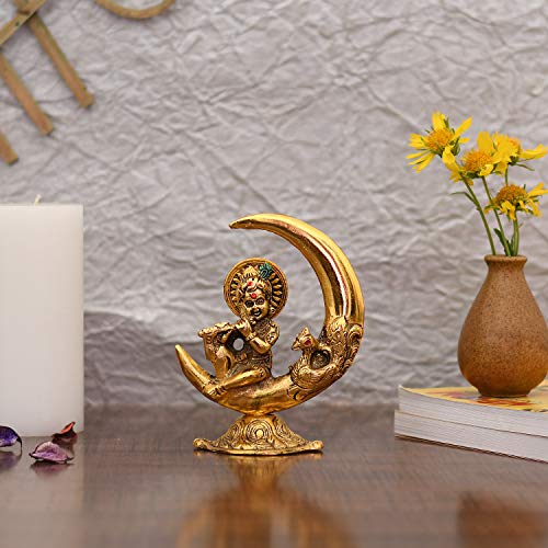 Collectible India Baby Krishna Idol Murti Statue for Home Puja Decor - Gold Plated Krishna Idols on Moon Showpiece Decorative Gifts Set (Set of 1)