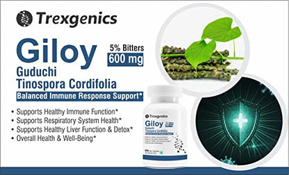 Trexgenics Giloy 5% Bitters 600 mg Immunity, Liver Health, Respiratory Health Support Vegan & Non-Gmo (60 Veg Capsules)