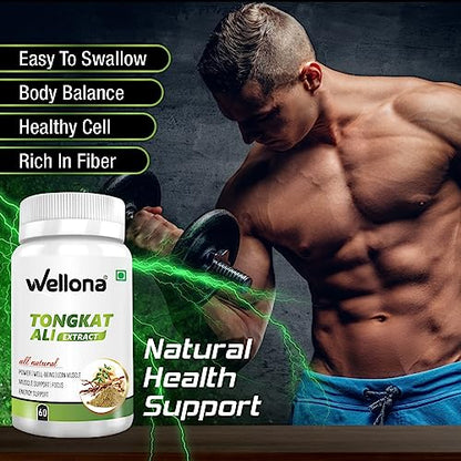 Wellona Tongkat Ali Longjack Root Extract Herbal Supplement | Enhanced Vitality, Performance, Stamina and Stress tolerance 60 Capsules