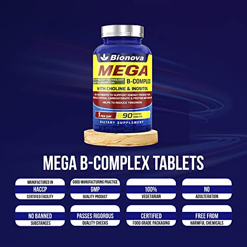 Bionova Mega B Complex Tablets | 100% RDA of B Vitamins With Choline And Inositol | Energy Booster | For Men & Women | 90 Tablets