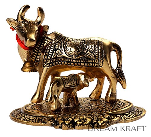 DreamKraft Metal Kamdhenu Cow And Calf Statue, Standard, Gold