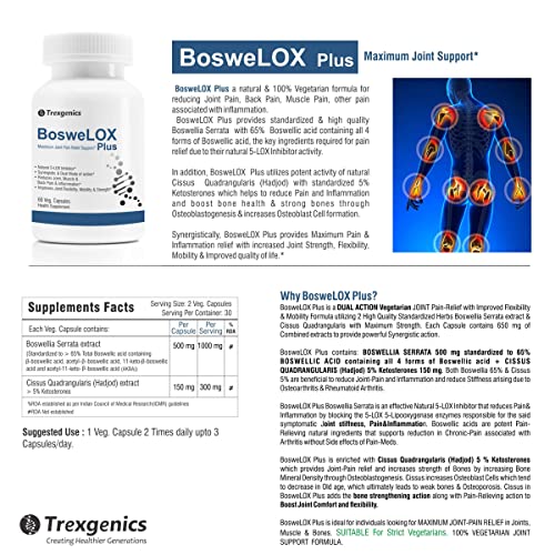 Trexgenics Boswelox Plus Joint & Bone Dual Action with Boswellia Serrata 65% Boswellic acid, Cissus Quadrangularis, Ketosterones, 60 Veg Capsules