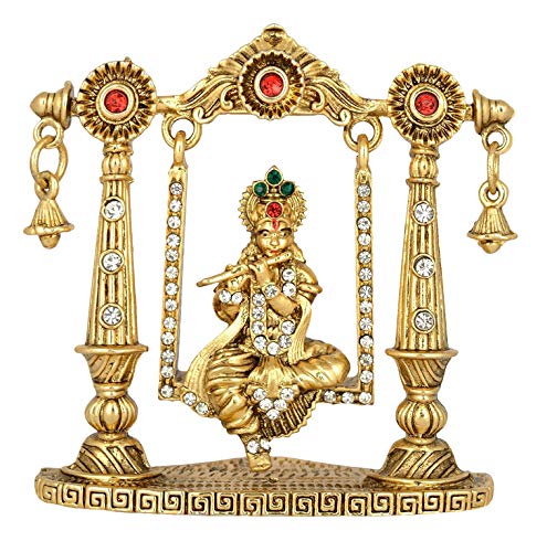 Relicon Lord Krishna Idol on Jhula (R-100) Gold Metal Statue for Car Dashboard | Mandir Pooja Murti (L*B*H-5.5 x 0.8 x 6.8 Cm)