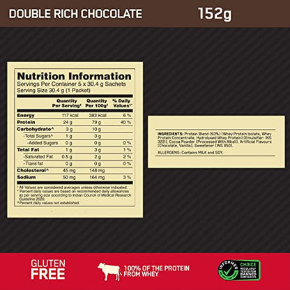 Optimum Nutrition Gold Standard 100% Whey Protein Powder- 5 X 30.4 g Single Serve Sachets (Double Rich Chocolate)