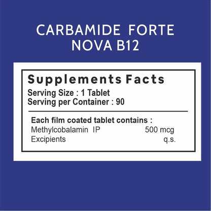 Carbamide Forte Vitamin B12 Tablets 500mcg - Active Form of Methylcobalamin B12 Supplement for Men & Women - 90 Veg Tablets