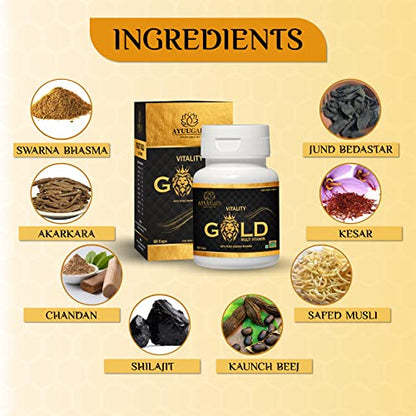 Ayuugain Vitality Gold Capsule with Swarna Bhasma, Shilajit, Safed Musli, Akarkara, Kesar, Jai Phal, Chandan, Vati, Konch Beej - 60 Caps