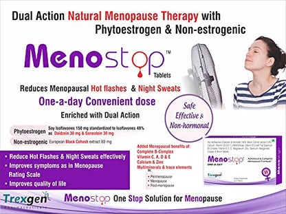 Trexgen MENOSTOP Women's One-a-day Menopause Formula with Standardized Isoflavones Daidzein, Genestesh, Complete Multivitamins & Minerals (30 Tablets)