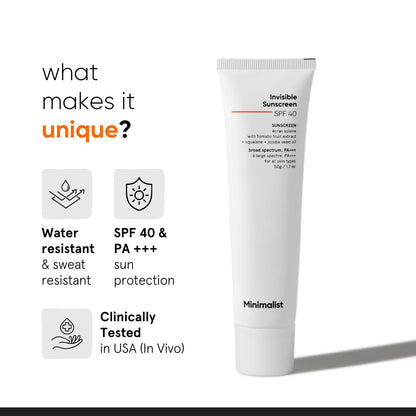 Minimalist Invisible Sunscreen For Oily Skin | SPF 40 PA+++ | Water Resistant | Ultra Light Gel | Matte Finish | 50 gm