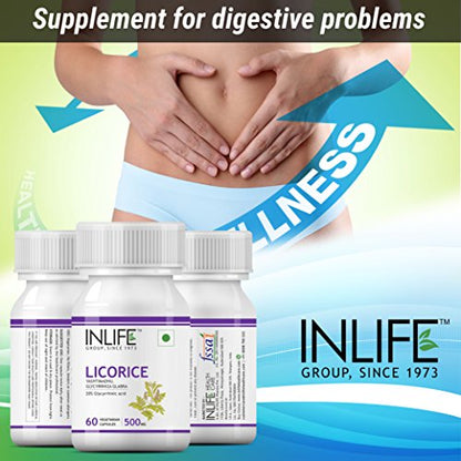 INLIFE Licorice Root Extract (Yastimadhu) Standardized to 20% Glycyrrhizinic Acid Supplement, 500 mg - 60 Veg Capsules