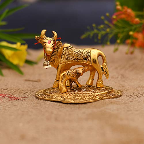 Collectible India Kamdhenu Cow with Calf Metal Statue Figurine (Set of 1), Golden