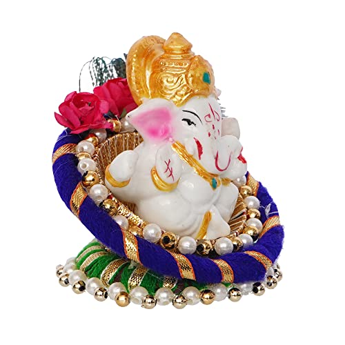 eCraftIndia Polyresin Lord Ganesha Idol on Decorative Handcrafted Floral Plate, God Idol for Car Dashboard, Home, Office Decor