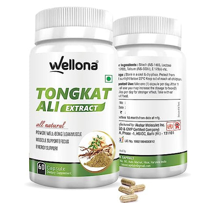 Wellona Tongkat Ali Longjack Root Extract Herbal Supplement | Enhanced Vitality, Performance, Stamina and Stress tolerance 60 Capsules