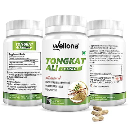 Wellona Tongkat Ali Longjack Root Extract Herbal Supplement | Enhanced Vitality, Performance, Stamina and Stress tolerance 60 Capsules