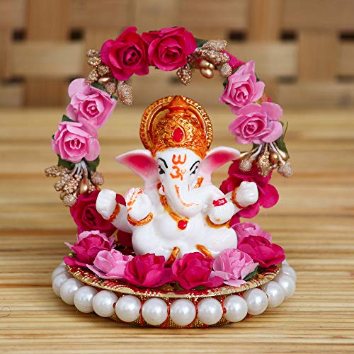 eCraftIndia Lord Ganesha Idol on Decorative Handcrafted Plate with Throne of Pink and Red Flowers