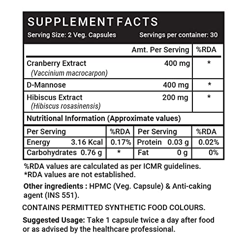 INLIFE Cranberry 400mg D-Mannose 400mg & Hibiscus 200mg Extract Urinary Tract UTI Health Supplement - 60 Veg Capsules