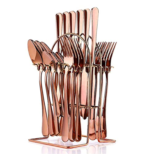 Ginoya brothers 24-Piece Colorful Silverware Set Cutlery Set for 6 with Holder ,Premium Stainless Steel Flatware Set (Rose Gold)