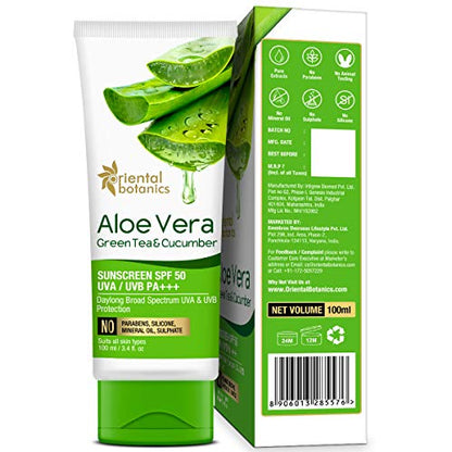 Oriental Botanics Aloe Vera, Green Tea & Cucumber Cream Sunscreen SPF 50, 100 ml | Infused with Aloeects Skin | No Parabens & Sulphates | Cruelty Free