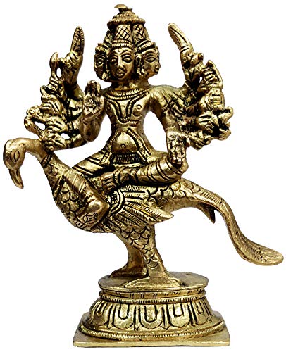 Purpledip Brass Statue Lord Murugan Karthikeya, Warrior God: Rare Collectible Statue with 6 Heads & 12 Arms (12068)