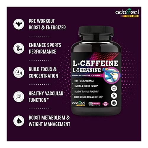 Adorreal Natural Caffeine and L-Theanine,Support Energy and Focus-120 Capsules