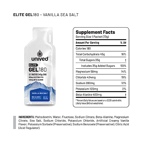 Unived Elite Gel 180-2:1 Ratio of Simple & Complex Carbs with Beta Alanine & Essential Electrolytes -180kcal - Vanilla Sea Salt - 6 Pack