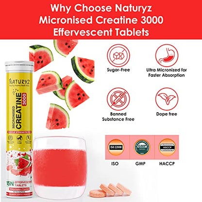 Naturyz Micronized Creatine 3000 Effervescent | Sustained Energy | Muscle Strength - 45 Tablets (Watermelon Flavour)