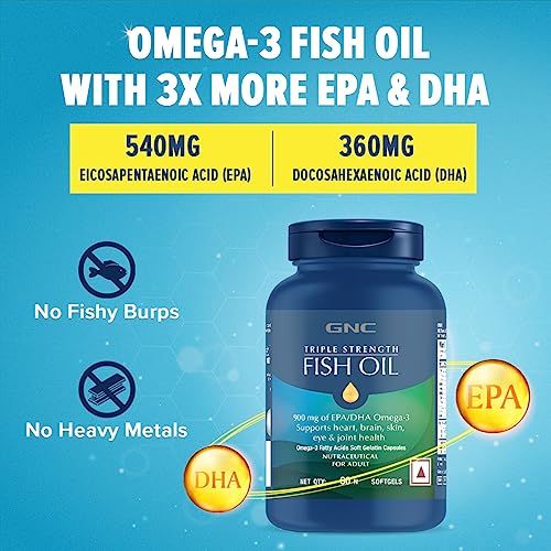 GNC Triple Strength Fish Oil Omega 3 Capsules for Men & Women | 60 Softgels | 900mg EPA & DHA | Imprtertaste | Supports Family Health | USA Formulated