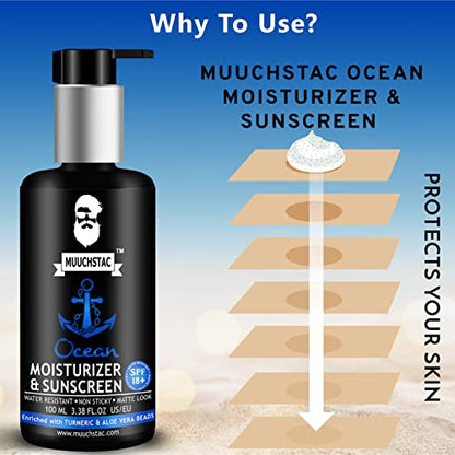 Muuchstac Men’s Ocean Moisturizer & Sunscreen Matte Look SPF 18+ Cream with Turmeric & Aloe Vera Beads, Non-Sticky & Water Resistant – 100 ML