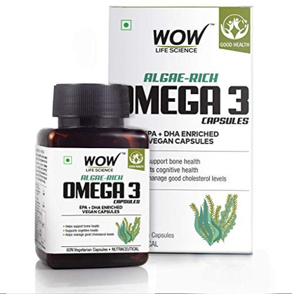 WOW Life Science Algae-Rich Omega 3 Capsules-Pack of 60 Vegetarian Capsules - EPA + DHA Enriched Vegan Capsules