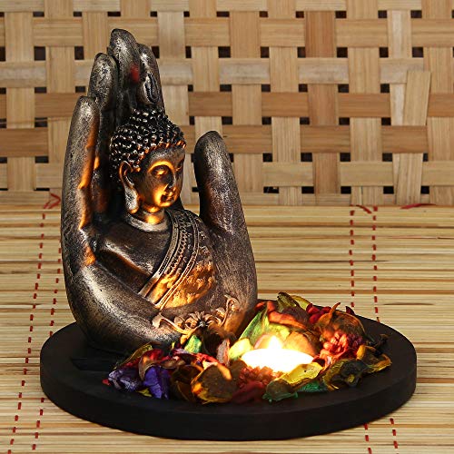 eCraftIndia Copper Finish Handcrafted Palm Buddha Decorative Showpiece with Wooden Base, Fragranced Petals and Tealight