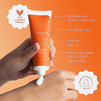Arata Sunscreen Gel SPF 50+ & PA+++ Ultra Light & Balancing for Broad Spectrum UVA & UVB Protection  | All Skin Types | All-Natural, Non-Toxic (50 ML)