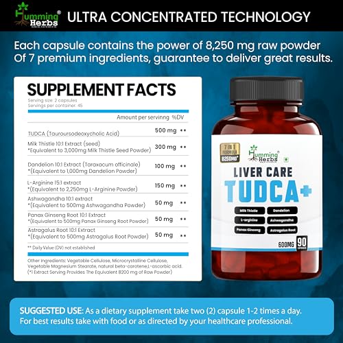 Humming Herbs Liver Care Tudca+ 7 In 1 Formula Blend Of Tudca, L-Arginine, Milk Thistle, Dandelion, , Panax Ginseng, Astragalus Root-90 Cap, Pack Of 1