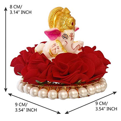 eCraftIndia Lord Ganesha Idol on Decorative Handcrafted Plate with Red Flowers