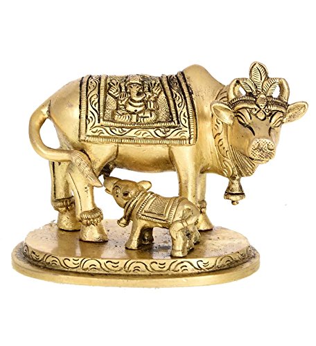 eCraftIndia Holy Kamdhenu Cow and Calf Brass Figurine (8 cm x 5 cm x 6, Golden and Yellow)