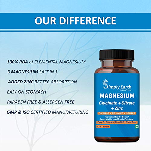 Simply earth Magnesium - Magnesium Glycinate, Citrate, Oxide & added Zinc | Supports Muscle, Nerve Functions & Healthy Bones - 240 Tablets