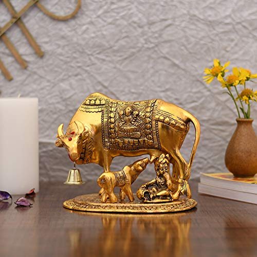 Collectible India Metal Kamdhenu Cow with Calf Showpiece, 7.5 x 7 x 5.5 Inches, Golden