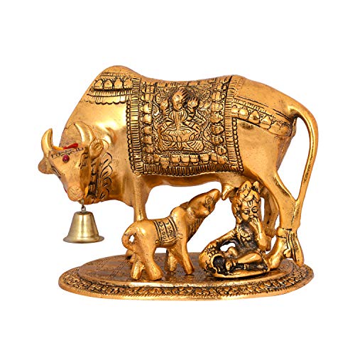 Collectible India Metal Kamdhenu Cow with Calf Showpiece, 7.5 x 7 x 5.5 Inches, Golden