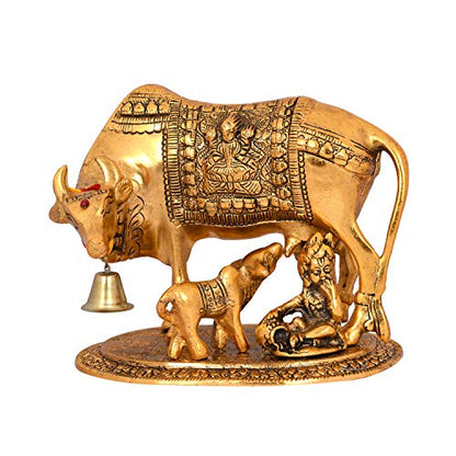 Collectible India Metal Kamdhenu Cow with Calf Showpiece, 7.5 x 7 x 5.5 Inches, Golden