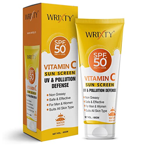 Wrixty Sunscreen SPF 50 Lightweight with Vitamin C & Turmeric for Sun Protection & Glow | No White Ct | Broad Spectrum PA +++ | For Women & Men | 60 G